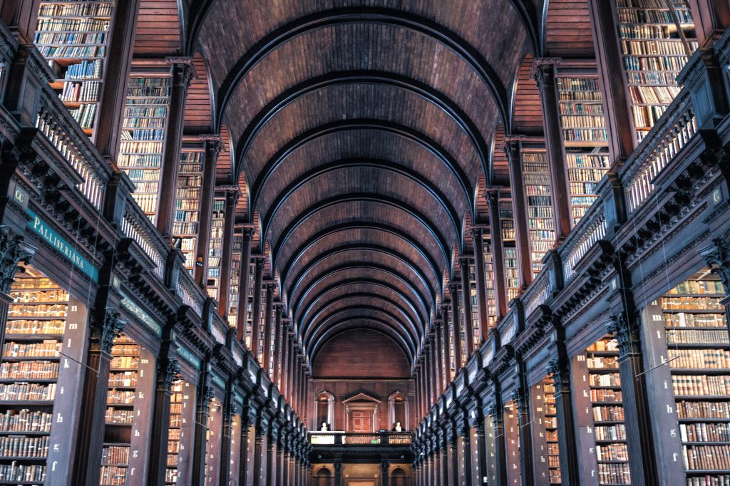 A library full of history texts