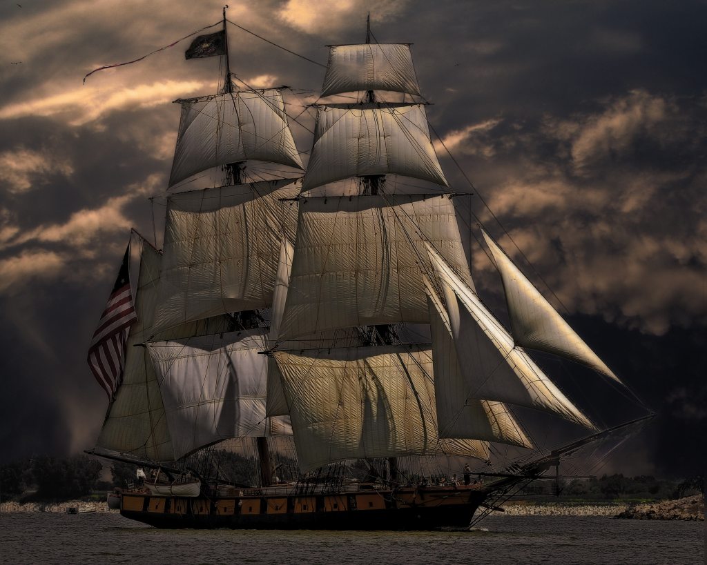 A pirate ship at sea